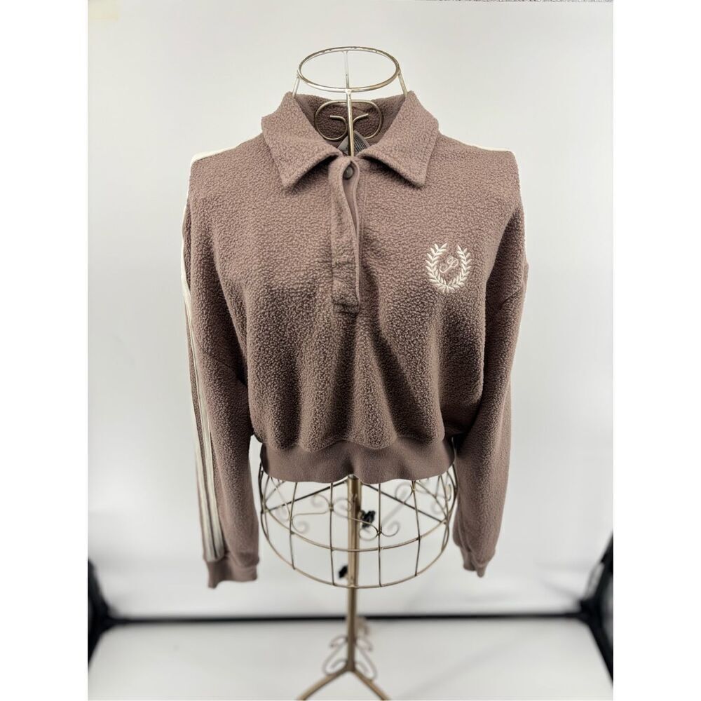 PINK Victoria’s Secret Cropped Collared Sweatshirt Taupe Crest Logo Small Fleece